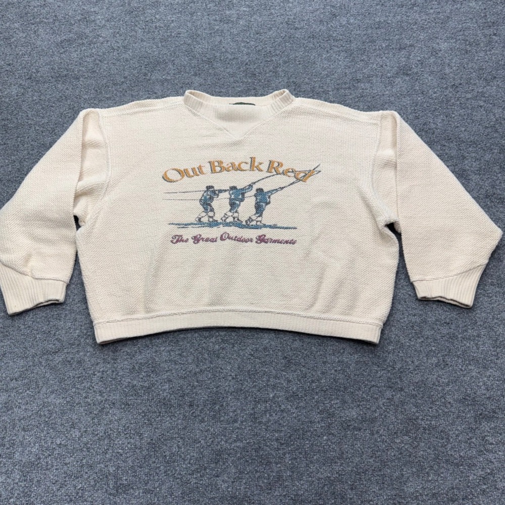 Outback Red Vintage Cream Waffle Knit Fishing Graphic Sweatshirt Womens XL